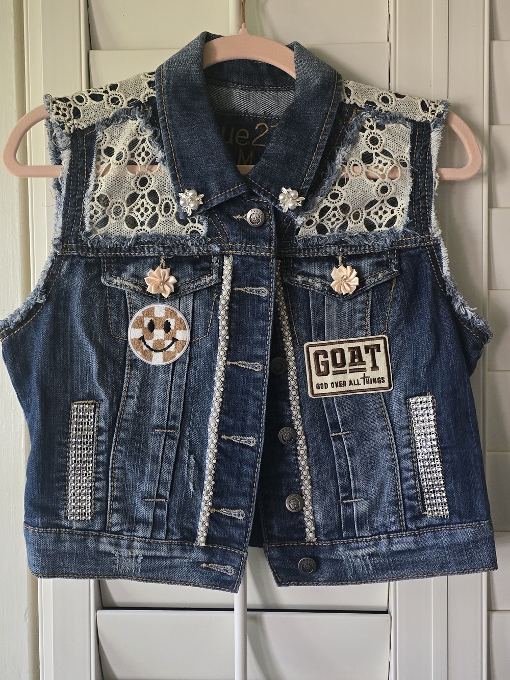 Rue21 Blue Denim Crochet-Trim Sleeveless Jacket with Embellishments--upcycled